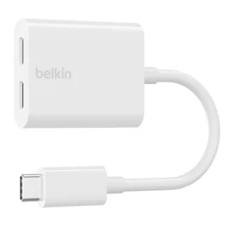 Belkin USB-C adaptér/rozdvojka - USB-C napájení + USB-C audio / nabíjecí adaptér, bílá Belkin USB-C adaptér/rozdvojka - USB-C napájení + USB-C audio / nabíjecí adaptér, bílá