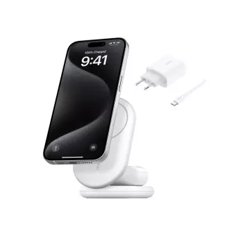 Belkin BOOST CHARGE Qi2 15W 2v1 Magnetický nabíjecí stojan, skládací, bílá Belkin BOOST CHARGE Qi2 15W 2v1 Magnetický nabíjecí stojan, skládací, bílá