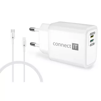 CONNECT IT DUPLEX Nabíjecí adaptér 1xLightning + 1×USB-C, 20W, kabel 27W, BÍLÝ CONNECT IT DUPLEX Nabíjecí adaptér 1xLightning + 1×USB-C, 20W, kabel 27W, BÍLÝ