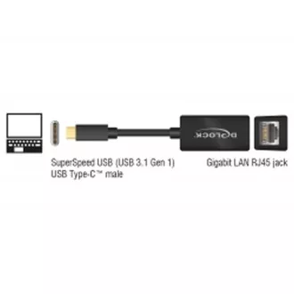 Delock Adaptér Super Speed USB (USB 3.1 Gen 1) s USB Type-C samec > Gigabit LAN 10/100/1000 Mbps kompaktní černý Delock Adaptér Super Speed USB (USB 3.1 Gen 1) s USB Type-C samec > Gigabit LAN 10/100/1000 Mbps kompaktní černý