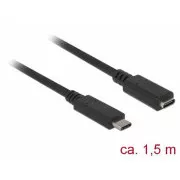 Delock Prodlužovací kabel SuperSpeed USB (USB 3.1 Gen 1) USB Type-C™ samec > port samice 3 A 1,5 m černý