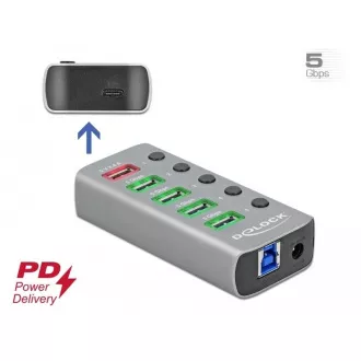 Delock Rozbočovač USB 3.2 Gen 1 se 4 porty + 1 rychlonabíjecím portem + 1 portem USB-C PD 3.0 s přepínačem a osvětlením Delock Rozbočovač USB 3.2 Gen 1 se 4 porty + 1 rychlonabíjecím portem + 1 portem USB-C PD 3.0 s přepínačem a osvětlením
