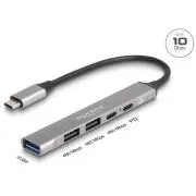 Delock 4-portový tenký Hub USB Type-C mající 1 x USB 10 Gbps Typ-A + 2 x USB 2.0 Typ-A + 1 x USB 2.0 USB Type-C a PD 9