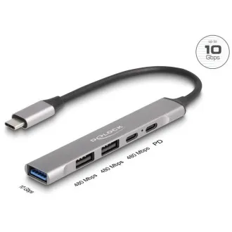 Delock 4-portový tenký Hub USB Type-C mající 1 x USB 10 Gbps Typ-A + 2 x USB 2.0 Typ-A + 1 x USB 2.0 USB Type-C a PD 9 Delock 4-portový tenký Hub USB Type-C mající 1 x USB 10 Gbps Typ-A + 2 x USB 2.0 Typ-A + 1 x USB 2.0 USB Type-C a PD 9