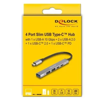Delock 4-portový tenký Hub USB Type-C mající 1 x USB 10 Gbps Typ-A + 2 x USB 2.0 Typ-A + 1 x USB 2.0 USB Type-C a PD 9 Delock 4-portový tenký Hub USB Type-C mající 1 x USB 10 Gbps Typ-A + 2 x USB 2.0 Typ-A + 1 x USB 2.0 USB Type-C a PD 9