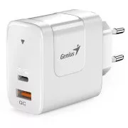 Genius PD-65AC, Napájecí adaptér, univerzální, 65W, 1× USB-C, 1× USB, PD 3.0, QC 3.0, bílý