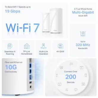 TP-Link Deco BE85(1-pack) BE19000 Třípásmový systém Mesh WiFi 7, 1x 10GLAN, 2x 2.5GLAN, 1x 10GLAN/SFP+, USB, 2,4/5/6GHz, HomeShiel TP-Link Deco BE85(1-pack) BE19000 Třípásmový systém Mesh WiFi 7, 1x 10GLAN, 2x 2.5GLAN, 1x 10GLAN/SFP+, USB, 2,4/5/6GHz, HomeShiel