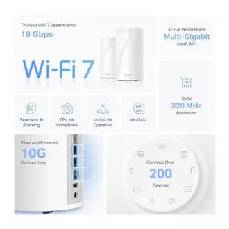 TP-Link Deco BE85(1-pack) BE19000 Třípásmový systém Mesh WiFi 7, 1x 10GLAN, 2x 2.5GLAN, 1x 10GLAN/SFP+, USB, 2,4/5/6GHz, HomeShiel TP-Link Deco BE85(1-pack) BE19000 Třípásmový systém Mesh WiFi 7, 1x 10GLAN, 2x 2.5GLAN, 1x 10GLAN/SFP+, USB, 2,4/5/6GHz, HomeShiel