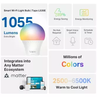 TP-Link Tapo L535E, Chytrá Wi-Fi LED žárovka barevná, 2500-6500K, E27 TP-Link Tapo L535E, Chytrá Wi-Fi LED žárovka barevná, 2500-6500K, E27