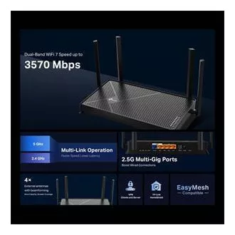 TP-Link Archer BE230 - BE3600 Wi-Fi 7 router, 1x2,5G WAN, 1x2,5G LAN, 3xGLAN, USB 3.0, HomeShield, EasyMesh