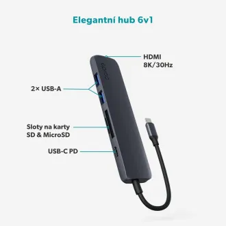 Epico 6v1 hliníkový USB-C 8K hub - inkoustová Epico 6v1 hliníkový USB-C 8K hub - inkoustová