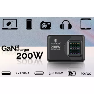 Viking USB GaN charger 200W PD PRO/síťový adaptér/Output:3xUSB-C,2xUSB-A/Rychlo nabíjení/ Viking USB GaN charger 200W PD PRO/síťový adaptér/Output:3xUSB-C,2xUSB-A/Rychlo nabíjení/