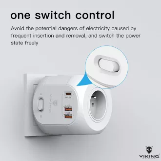 Síťový adaptér Viking AC43/Output: 4xAC, 2xUSB-A, 1xUSB-C/výkon až 3500W/ ON/OFF tlačítko Síťový adaptér Viking AC43/Output: 4xAC, 2xUSB-A, 1xUSB-C/výkon až 3500W/ ON/OFF tlačítko