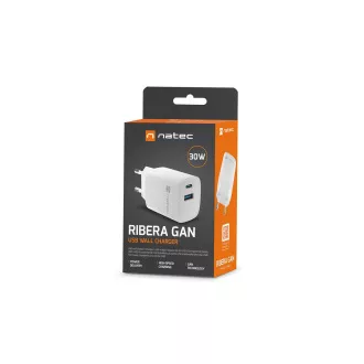 Universální USB nabíječka Natec RIBERA GaN 30W, 1X USB-A, 1X USB-C, Bílá Universální USB nabíječka Natec RIBERA GaN 30W, 1X USB-A, 1X USB-C, Bílá