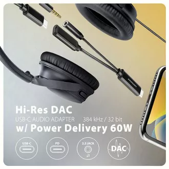 AXAGON ADA-HCPD, USB-C na 3.5mm jack - Hi-Res DAC audio adaptér, 384kHz/32bit, stereo, PD 60W 3A AXAGON ADA-HCPD, USB-C na 3.5mm jack - Hi-Res DAC audio adaptér, 384kHz/32bit, stereo, PD 60W 3A