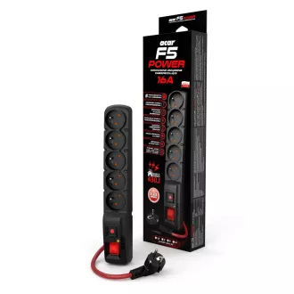 Acar F5 10m kabel, 5 zásuvek, přepěťová ochrana, max.proud 16A, černý Acar F5 10m kabel, 5 zásuvek, přepěťová ochrana, max.proud 16A, černý