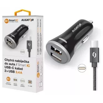 ALIGATOR Chytrá nabíječka do auta 3.4A, 2xUSB, smart IC, černá, USB-C kabel ALIGATOR Chytrá nabíječka do auta 3.4A, 2xUSB, smart IC, černá, USB-C kabel