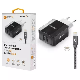 Chytrá síťová nabíječka ALIGATOR 3.4A, 2xUSB, smart IC, černá, kabel pro iPhone/iPad 2A