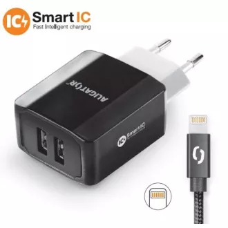 Chytrá síťová nabíječka ALIGATOR 3.4A, 2xUSB, smart IC, černá, kabel pro iPhone/iPad 2A