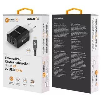 Chytrá síťová nabíječka ALIGATOR 3.4A, 2xUSB, smart IC, černá, kabel pro iPhone/iPad 2A