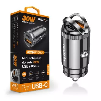 Aligator mini nabíječka do auta Power Delivery 30W, USB-C + USB-A Aligator mini nabíječka do auta Power Delivery 30W, USB-C + USB-A