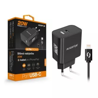 Chytrá síťová nabíječka ALIGATOR Power Delivery 20W, USB-C kabel pro iPhone/iPad, černá Chytrá síťová nabíječka ALIGATOR Power Delivery 20W, USB-C kabel pro iPhone/iPad, černá