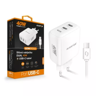 Chytrá síťová nabíječka ALIGATOR Power Delivery 40W, 2xUSB-C, USB-C/USB-C kabel, bílá Chytrá síťová nabíječka ALIGATOR Power Delivery 40W, 2xUSB-C, USB-C/USB-C kabel, bílá