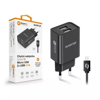 Chytrá síťová nabíječka ALIGATOR 2,4A, 2xUSB, smart IC, černá, micro USB kabel Chytrá síťová nabíječka ALIGATOR 2,4A, 2xUSB, smart IC, černá, micro USB kabel