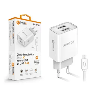 Chytrá síťová nabíječka ALIGATOR 2,4A, 2xUSB, smart IC, bílá, micro USB kabel Chytrá síťová nabíječka ALIGATOR 2,4A, 2xUSB, smart IC, bílá, micro USB kabel