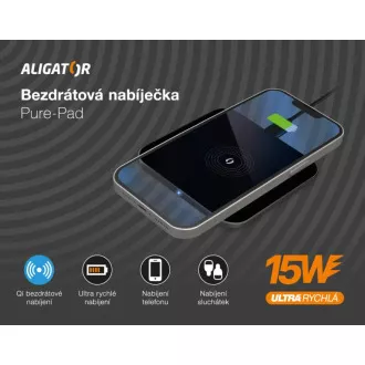 ALIGATOR bezdrátová nabíječka Aligator Pure-Pad 15W, černá ALIGATOR bezdrátová nabíječka Aligator Pure-Pad 15W, černá