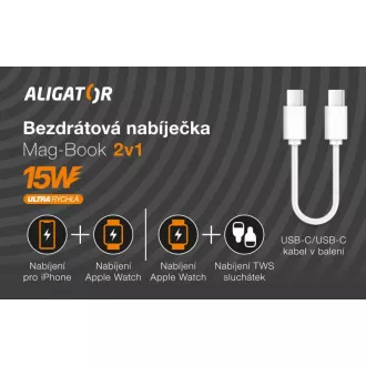 Bezdrátová nabíječka ALIGATOR Mag-Book 2v1, určeno pro MagSafe a nabíjení Apple Watch, 15W, bílá Bezdrátová nabíječka ALIGATOR Mag-Book 2v1, určeno pro MagSafe a nabíjení Apple Watch, 15W, bílá