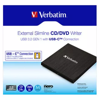 Verbatim 43886, externí CD/DVD mechanika a vypalovačka Slimline, rychlost CD(24x) DVD (8x),USB 3.2 GEN1 a USB-C Verbatim 43886, externí CD/DVD mechanika a vypalovačka Slimline, rychlost CD(24x) DVD (8x),USB 3.2 GEN1 a USB-C