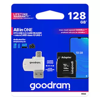 Goodram paměťová karta Micro Secure Digital Card All-In-ON, 128GB, multipack, M1A4-1280R12, UHS-I U1 (Class 10), multipack se čteč Goodram paměťová karta Micro Secure Digital Card All-In-ON, 128GB, multipack, M1A4-1280R12, UHS-I U1 (Class 10), multipack se čteč