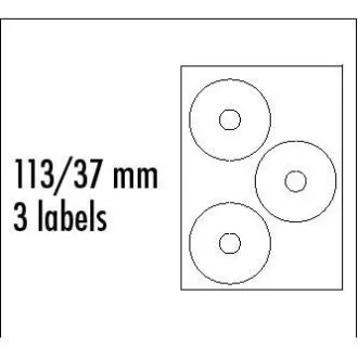 Logo etikety na CD 113/37mm, A4, matné, bílé, 3 etikety, 140g/m2, baleno po 25 ks, pro inkoustové a laserové tiskárny Logo etikety na CD 113/37mm, A4, matné, bílé, 3 etikety, 140g/m2, baleno po 25 ks, pro inkoustové a laserové tiskárny