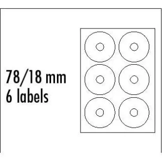 Logo etikety na CD 78/18mm, A4, matné, bílé, 6 etiket, 140g/m2, baleno po 10 ks, pro inkoustové a laserové tiskárny Logo etikety na CD 78/18mm, A4, matné, bílé, 6 etiket, 140g/m2, baleno po 10 ks, pro inkoustové a laserové tiskárny