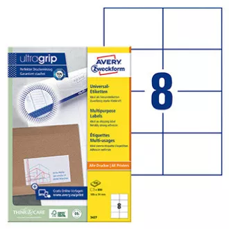 Avery Zweckform etikety 105mm x 74mm, A4, bílé, 8 etiket, baleno po 100 ks, 3427, pro laserové a inkoustové tiskárny, kopírky Avery Zweckform etikety 105mm x 74mm, A4, bílé, 8 etiket, baleno po 100 ks, 3427, pro laserové a inkoustové tiskárny, kopírky