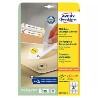 Avery Zweckform etikety 63.5mm x 29.6mm, A4, bílé, 27 etiket, odnímatelná, baleno po 25 ks, L4737REV-25, pro laserové a inkoustové Avery Zweckform etikety 63.5mm x 29.6mm, A4, bílé, 27 etiket, odnímatelná, baleno po 25 ks, L4737REV-25, pro laserové a inkoustové