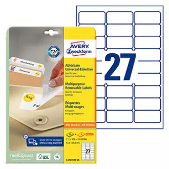 Avery Zweckform etikety 63.5mm x 29.6mm, A4, bílé, 27 etiket, odnímatelná, baleno po 25 ks, L4737REV-25, pro laserové a inkoustové Avery Zweckform etikety 63.5mm x 29.6mm, A4, bílé, 27 etiket, odnímatelná, baleno po 25 ks, L4737REV-25, pro laserové a inkoustové