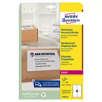Avery Zweckform etikety 99.1mm x 139mm, A4, bílé, 1 etiketa, voděodolné, baleno po 25 ks, L7994-25, pro laserové tiskárny Avery Zweckform etikety 99.1mm x 139mm, A4, bílé, 1 etiketa, voděodolné, baleno po 25 ks, L7994-25, pro laserové tiskárny
