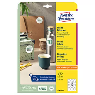 Avery Zweckform etikety 60mm, A4, bílé, 12 etiket, baleno po 10 ks, L3416-10, pro laserové a inkoustové tiskárny, kopírky Avery Zweckform etikety 60mm, A4, bílé, 12 etiket, baleno po 10 ks, L3416-10, pro laserové a inkoustové tiskárny, kopírky