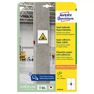 Avery Zweckform etikety 105mm x 148mm, A4, bílé, 4 etikety, s vysokou lepivostí, baleno po 20 ks, L7876-20, pro laserové a inkoust Avery Zweckform etikety 105mm x 148mm, A4, bílé, 4 etikety, s vysokou lepivostí, baleno po 20 ks, L7876-20, pro laserové a inkoust