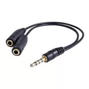 Audio redukce, Jack (3.5mm) samec 4-pólový - 2x Jack (3.5mm) samice, 0.2 m, stereo, černá, Logo blistr, DOPRODEJ