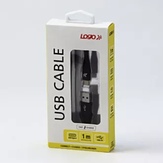 Logo USB kabel (2.0), USB A samec - USB C samec, 1m, 480 Mb/s, 5V/3A, černý, box, nylonové opletení, hliníkový kryt konektoru, DOP Logo USB kabel (2.0), USB A samec - USB C samec, 1m, 480 Mb/s, 5V/3A, černý, box, nylonové opletení, hliníkový kryt konektoru, DOP