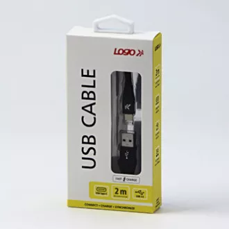 Logo USB kabel (2.0), USB A samec - USB C samec, 2m, 480 Mb/s, 5V/3A, černý, box, nylonové opletení, hliníkový kryt konektoru, DOP Logo USB kabel (2.0), USB A samec - USB C samec, 2m, 480 Mb/s, 5V/3A, černý, box, nylonové opletení, hliníkový kryt konektoru, DOP