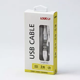 Logo USB kabel (2.0), USB A samec - USB C samec, 2m, 480 Mb/s, 5V/3A, bílý, box, nylonové opletení, hliníkový kryt konektoru, DOPR Logo USB kabel (2.0), USB A samec - USB C samec, 2m, 480 Mb/s, 5V/3A, bílý, box, nylonové opletení, hliníkový kryt konektoru, DOPR