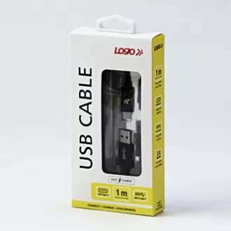 Logo USB kabel (3.2 gen 1), USB A samec - USB C samec, 1m, 5 Gb/s, 5V/3A, černý, box, nylonové opletení, hliníkový kryt konektoru,