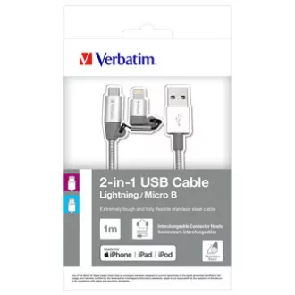 Verbatim USB kabel (2.0), USB A samec - microUSB samec + Apple Lightning samec, 1m, stříbrný, box, 48869, 2 in 1 - nastavitelná ko Verbatim USB kabel (2.0), USB A samec - microUSB samec + Apple Lightning samec, 1m, stříbrný, box, 48869, 2 in 1 - nastavitelná ko