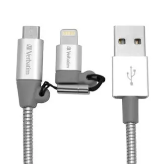 Verbatim USB kabel (2.0), USB A samec - microUSB samec + Apple Lightning samec, 1m, stříbrný, box, 48869, 2 in 1 - nastavitelná ko Verbatim USB kabel (2.0), USB A samec - microUSB samec + Apple Lightning samec, 1m, stříbrný, box, 48869, 2 in 1 - nastavitelná ko