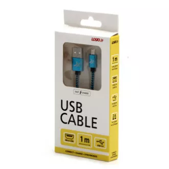 Logo USB kabel (2.0), USB A samec - microUSB samec, 1m, 480 Mb/s, 5V/2A, modrý, box, nylonové opletení, hliníkový kryt konektoru, Logo USB kabel (2.0), USB A samec - microUSB samec, 1m, 480 Mb/s, 5V/2A, modrý, box, nylonové opletení, hliníkový kryt konektoru,