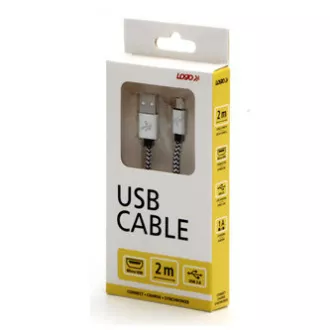 Logo USB kabel (2.0), USB A samec - microUSB samec, 2m, 480 Mb/s, 5V/1A, stříbrný, box, nylonové opletení, hliníkový kryt konektor Logo USB kabel (2.0), USB A samec - microUSB samec, 2m, 480 Mb/s, 5V/1A, stříbrný, box, nylonové opletení, hliníkový kryt konektor